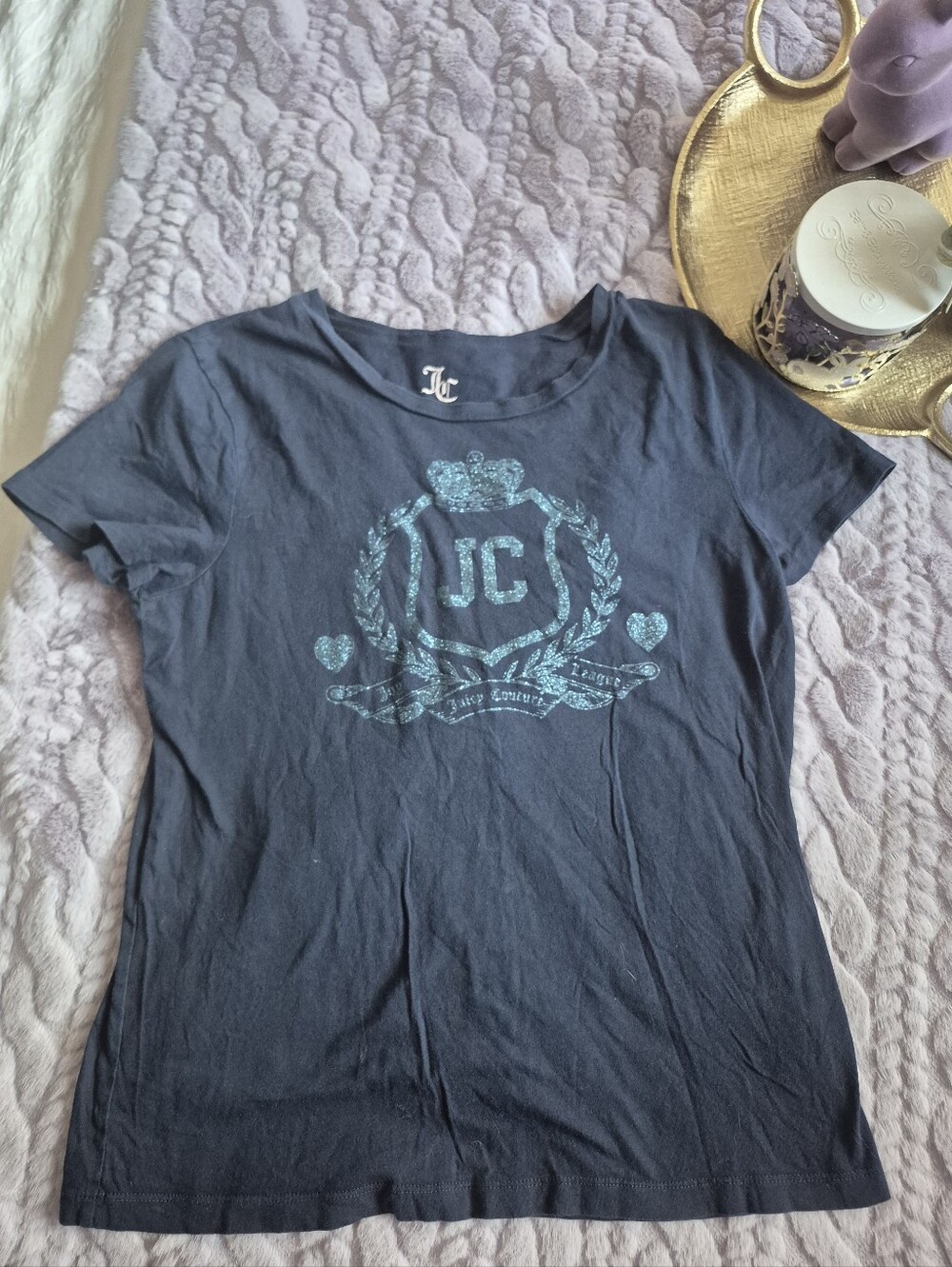 Juicy Couture Navy Blue Glitter Logo T Shirt - Picture 1 of 7